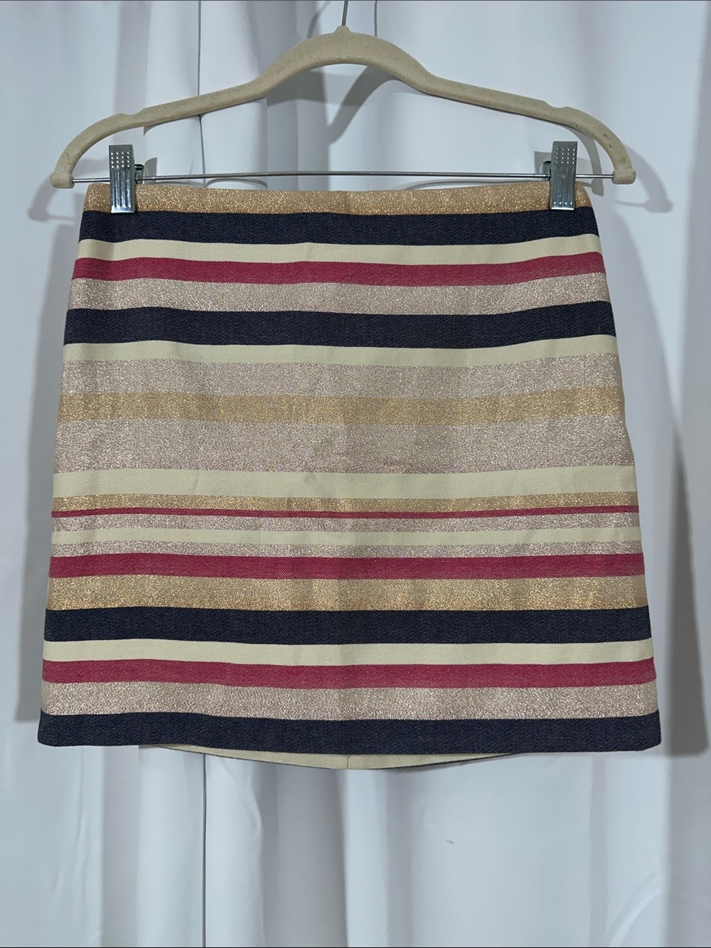 J.Crew Metallic Glitter Stripe Mini Skirt Size 00 Gold Pink Navy Lined